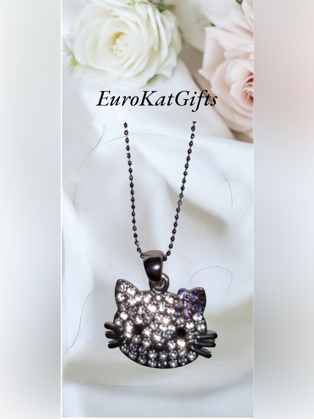 Hello Kitty Crystal Charm Necklace silver plate over stainless 16-18"chain NEW